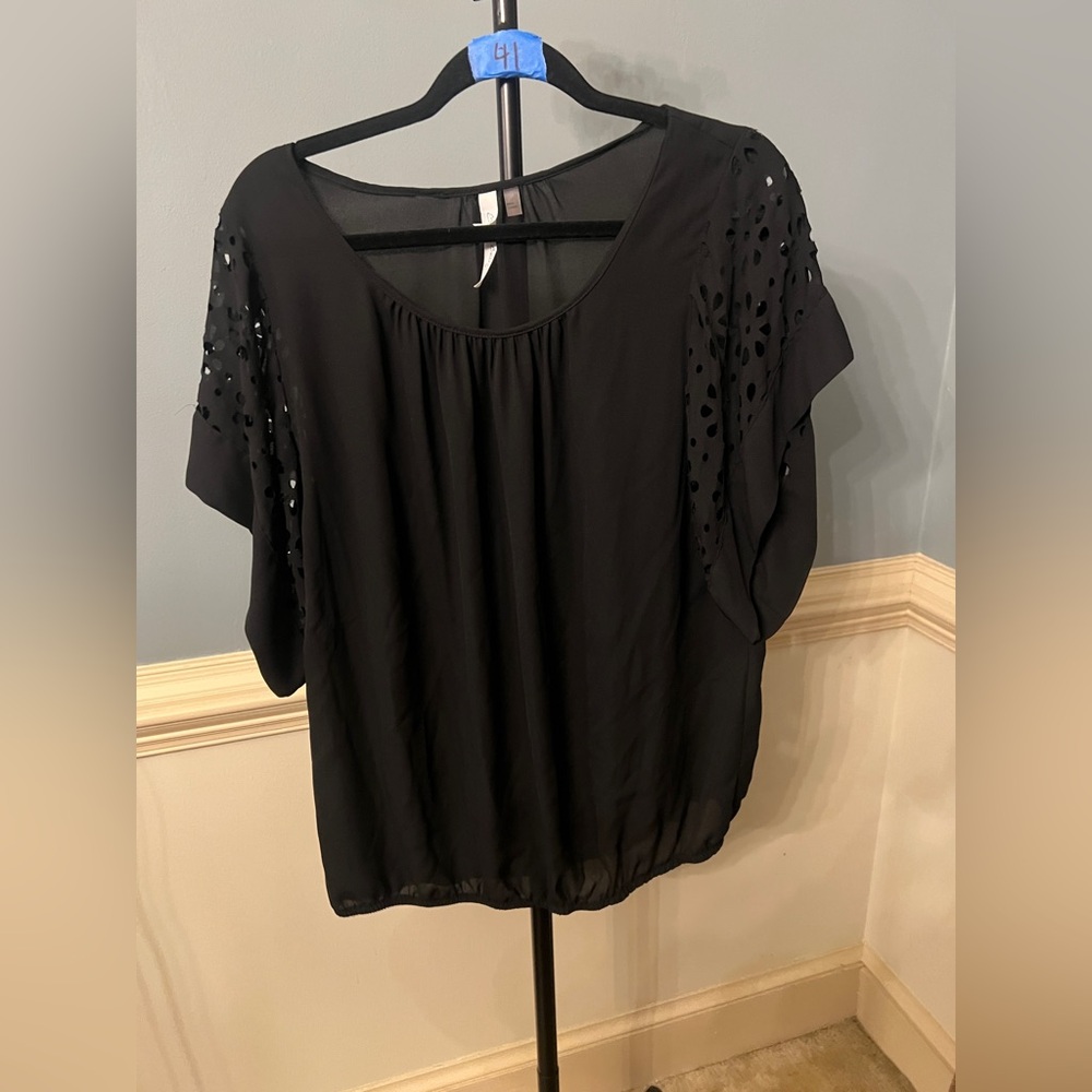 NY Collection Black Short Sleeve Blouse with Eyelet Detail